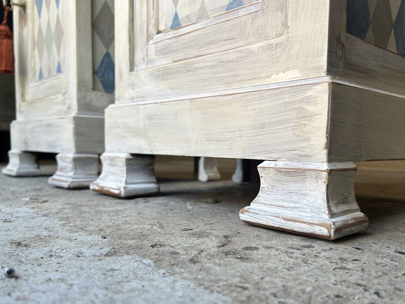 Pair Of French Bedside Tables Painted In An Antiqued Diamond photo vintage