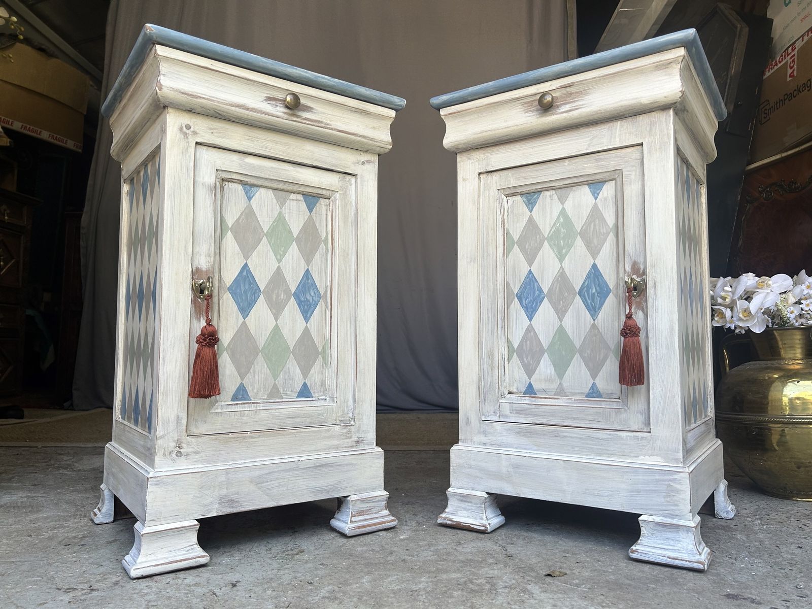 Furniture Pair Of French Bedside Tables Painted In An Antiqued Diamond photo