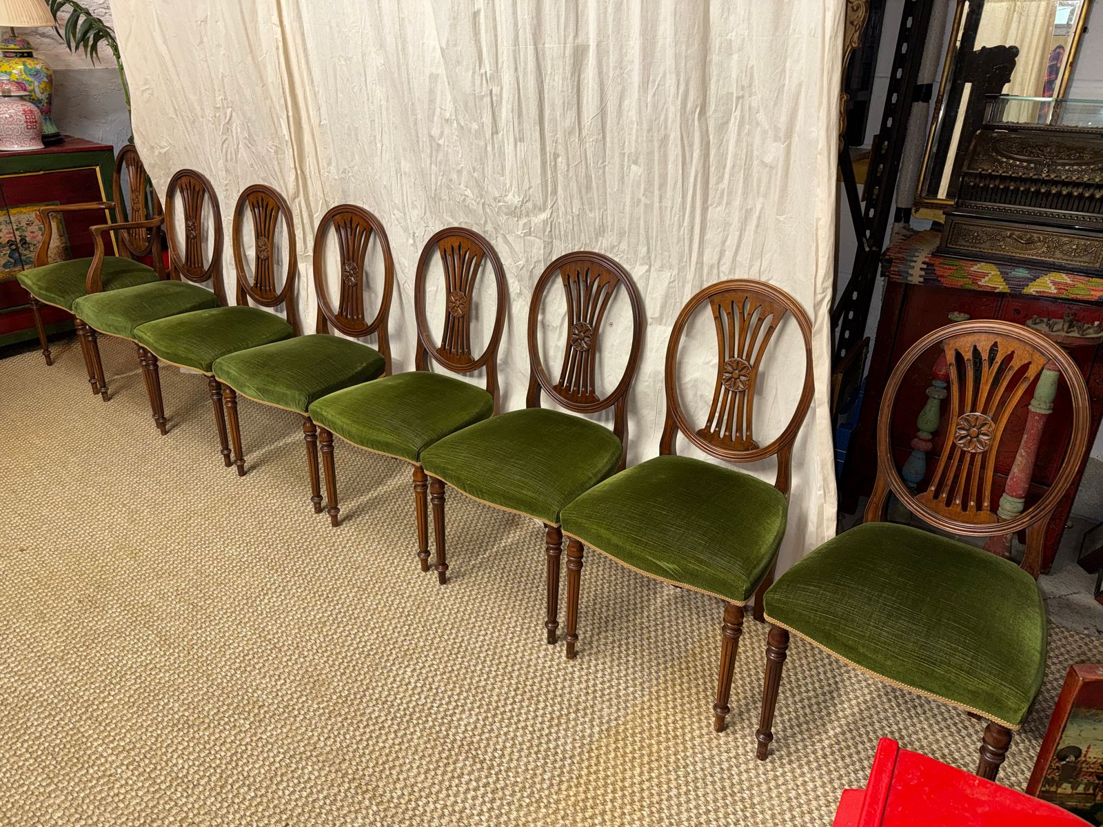 Set Of 8 Mahogany Dining Chairs Green Velvet Upholstered Dining Chairs photo buy