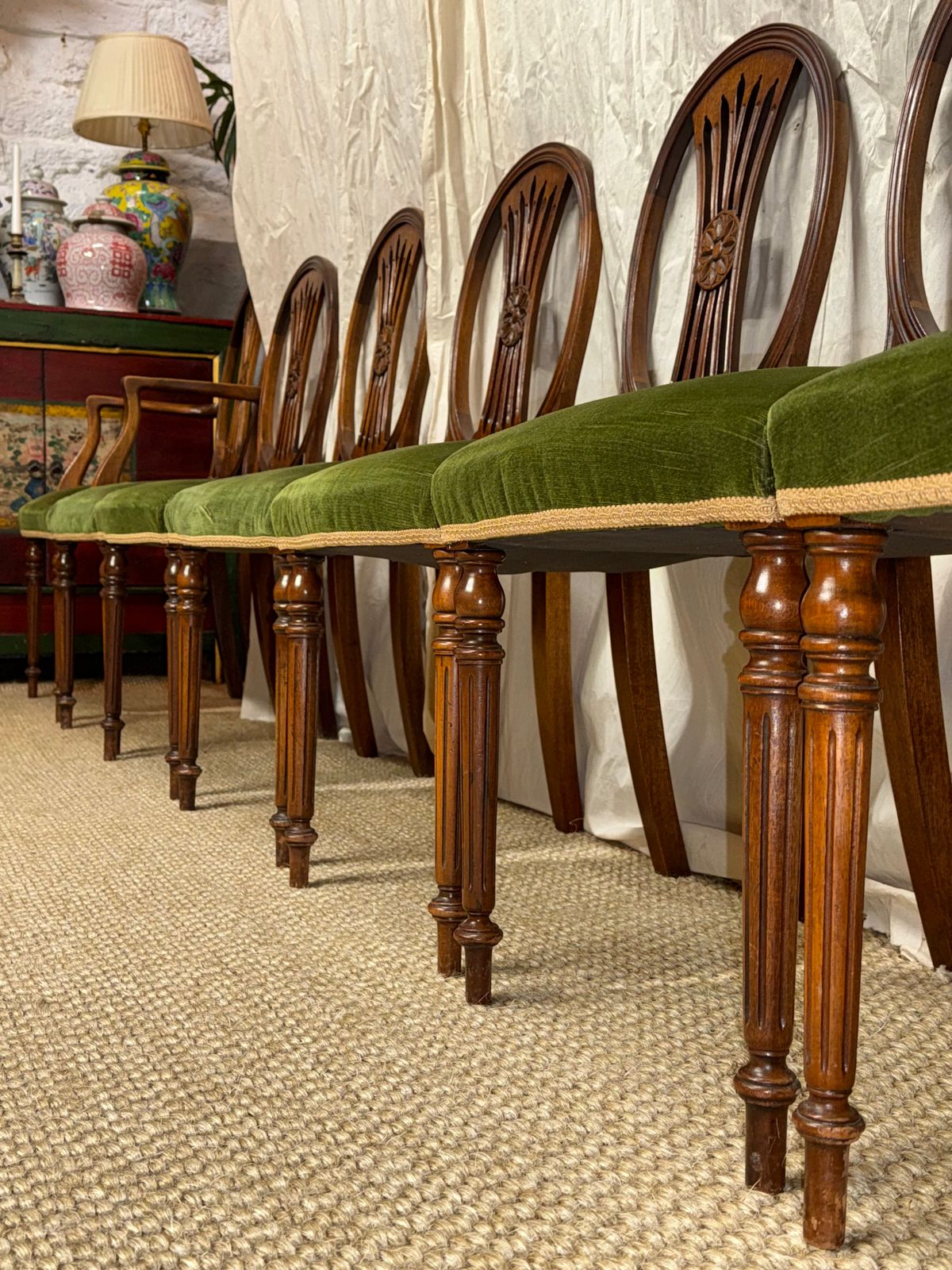 Set Of 8 Mahogany Dining Chairs Green Velvet Upholstered Dining Chairs photo vintage