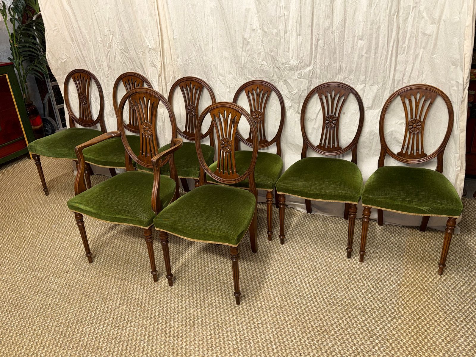 Furniture Set Of 8 Mahogany Dining Chairs Green Velvet Upholstered Dining Chairs photo