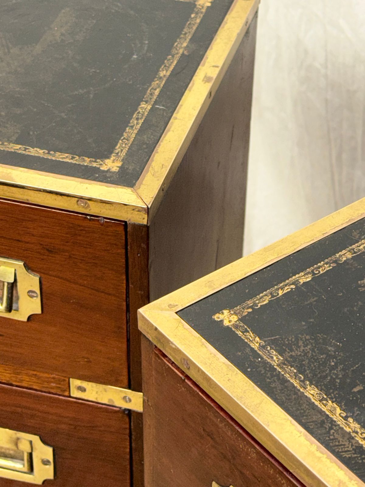 photo for sale Pair Of Bedside Brass Bound Military Bedside Campaign Cabinets Tables Drawers