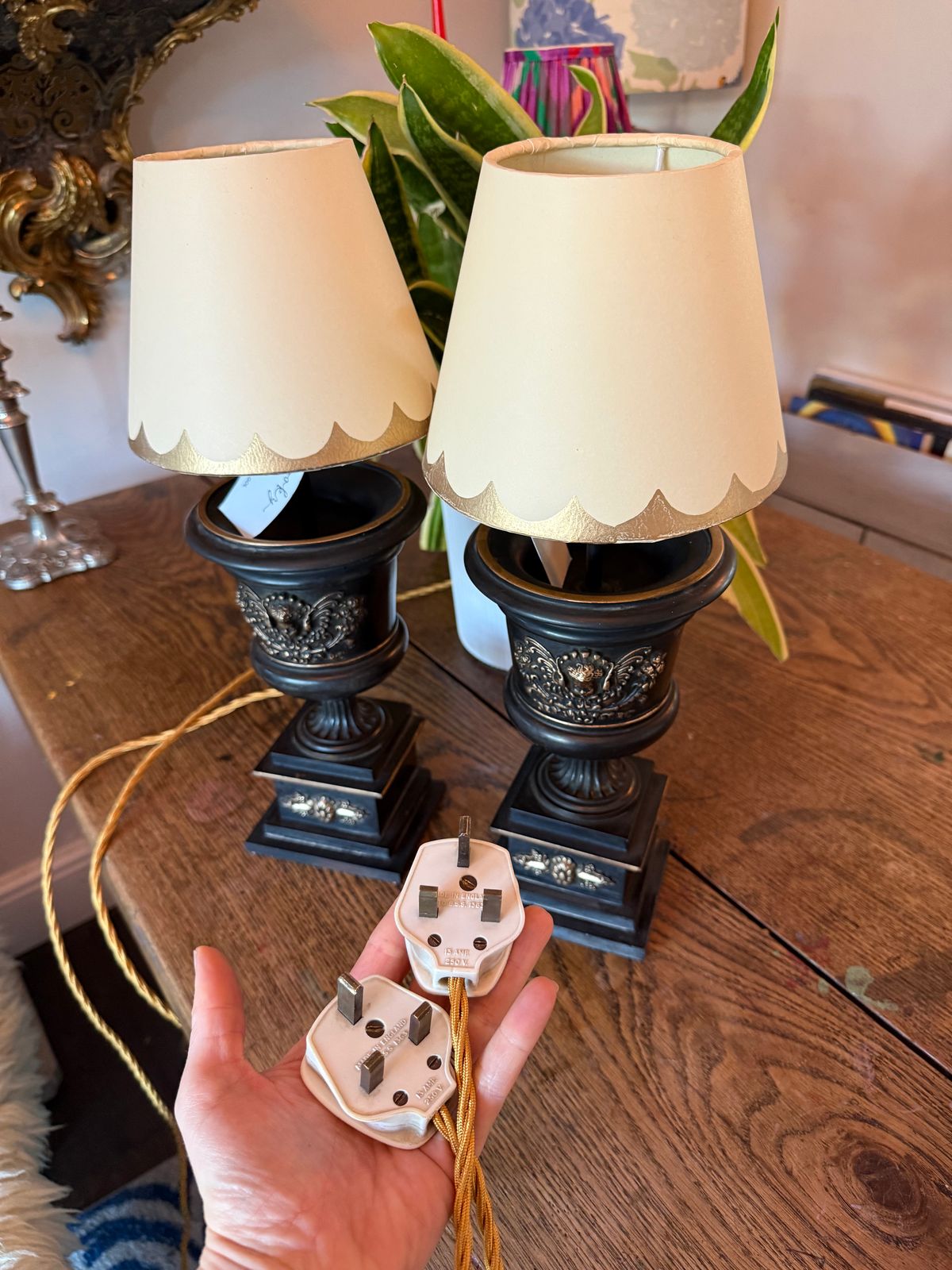 photo for sale Pair Of Small Urn Lamps Black Table Lamps Pooky Lampshades