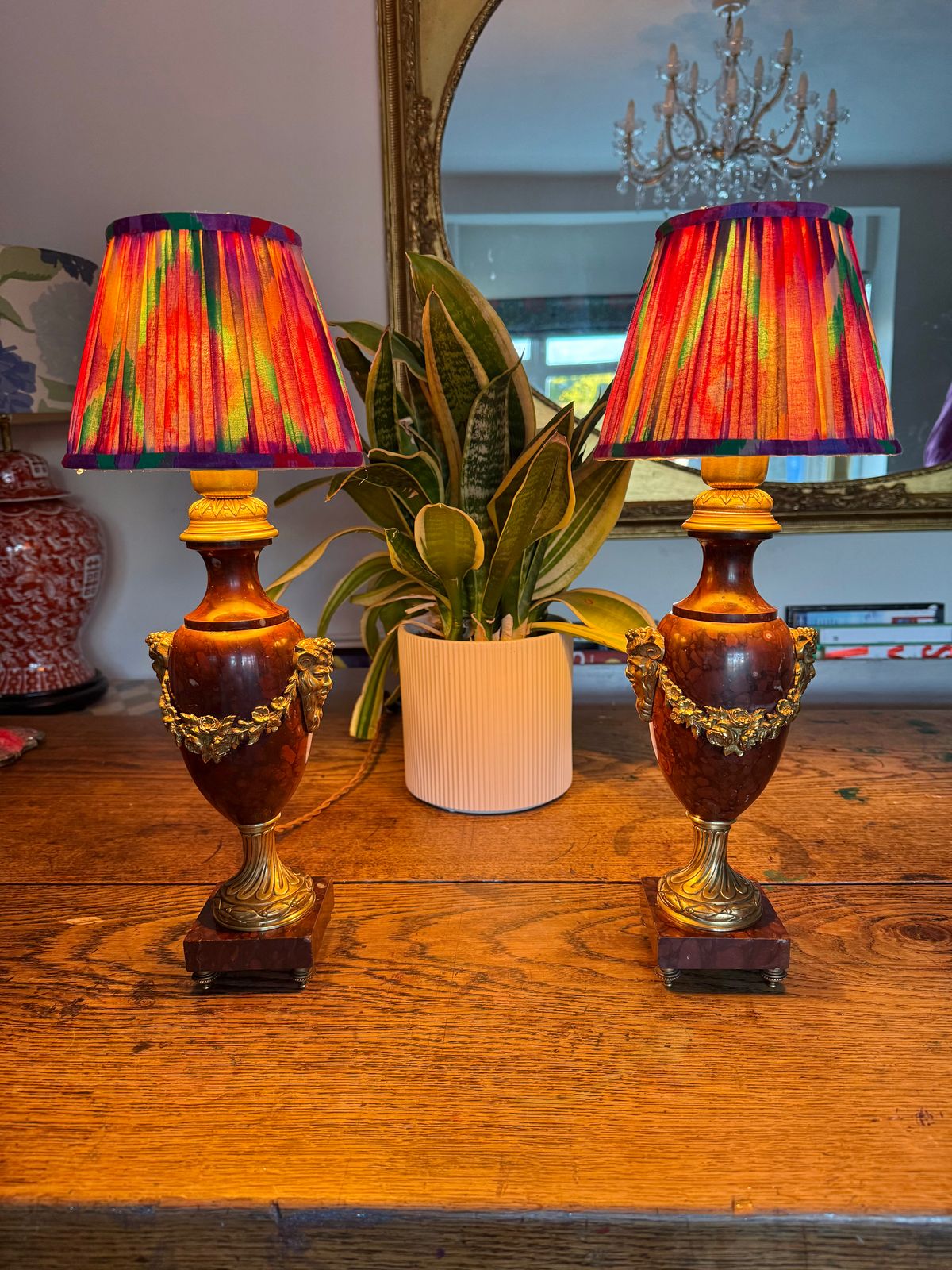 Pair Of French Red Marble And Brass Lights Table Lamps photo furniture