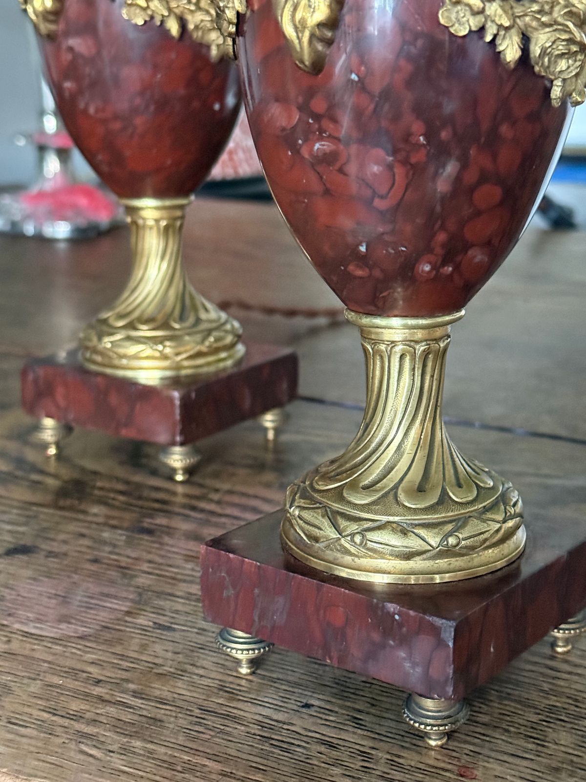 Pair Of French Red Marble And Brass Lights Table Lamps photo vintage