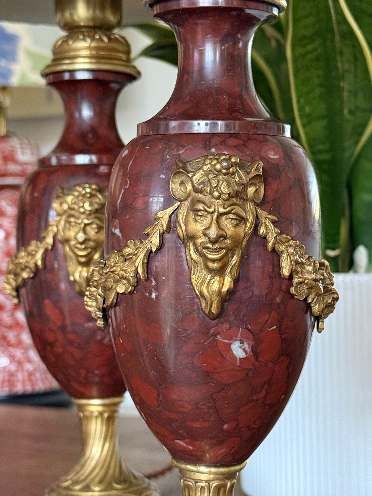 photo for sale Pair Of French Red Marble And Brass Lights Table Lamps