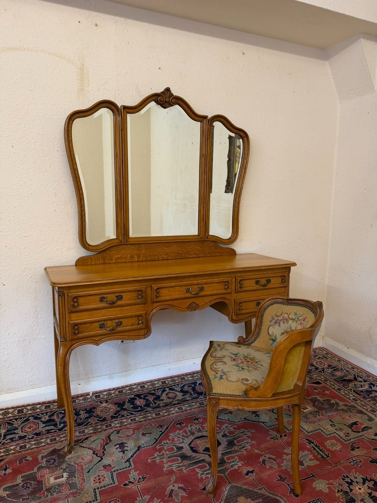 French Carved Oak Tripple Mirrored Dressing Table And Chair Circa 1950 photo Furniture