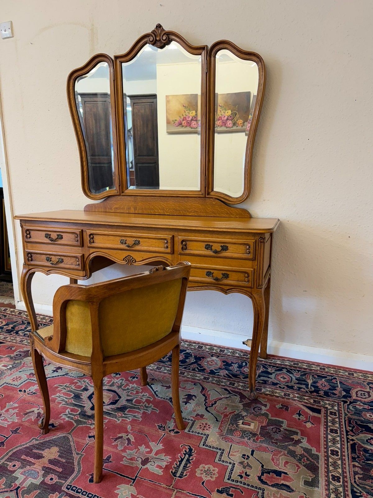 French Carved Oak Tripple Mirrored Dressing Table And Chair Circa 1950 photo vinterior