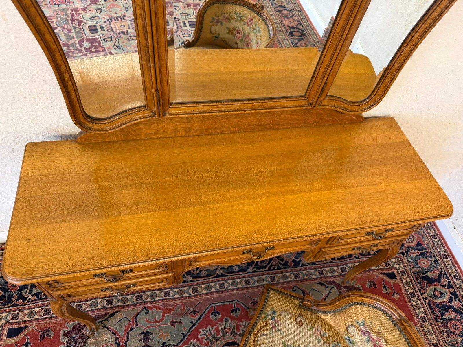 French Carved Oak Tripple Mirrored Dressing Table And Chair Circa 1950 photo vintage