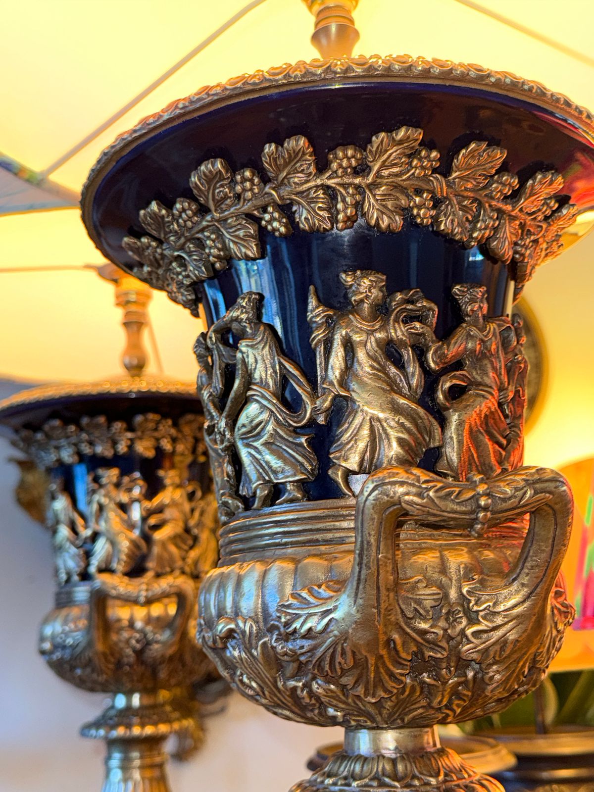 Pair Of Large Urn Lamps Brass And Blue Ceramic Lamps Regency Lamps photo buy