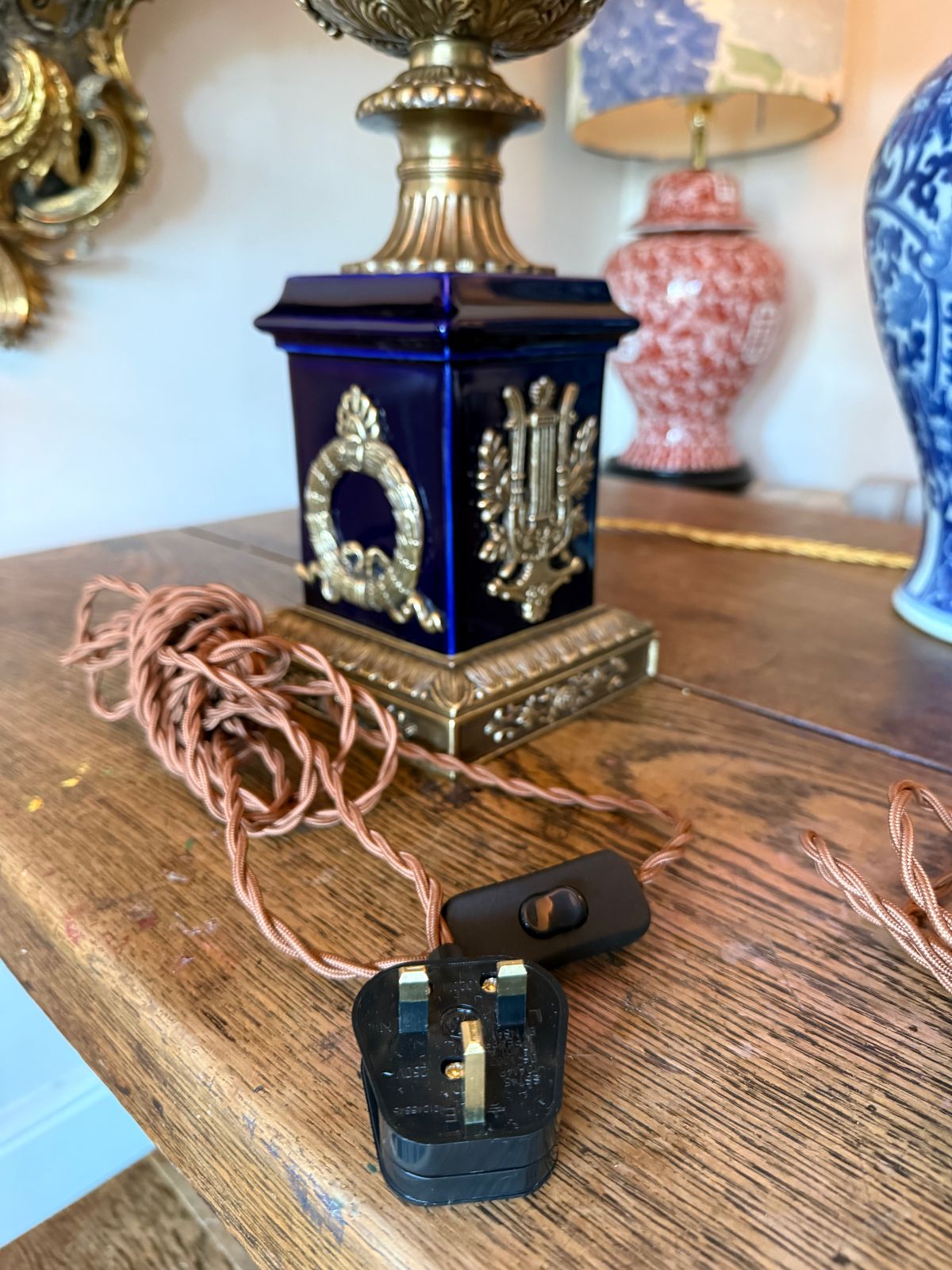 photo for sale Pair Of Large Urn Lamps Brass And Blue Ceramic Lamps Regency Lamps