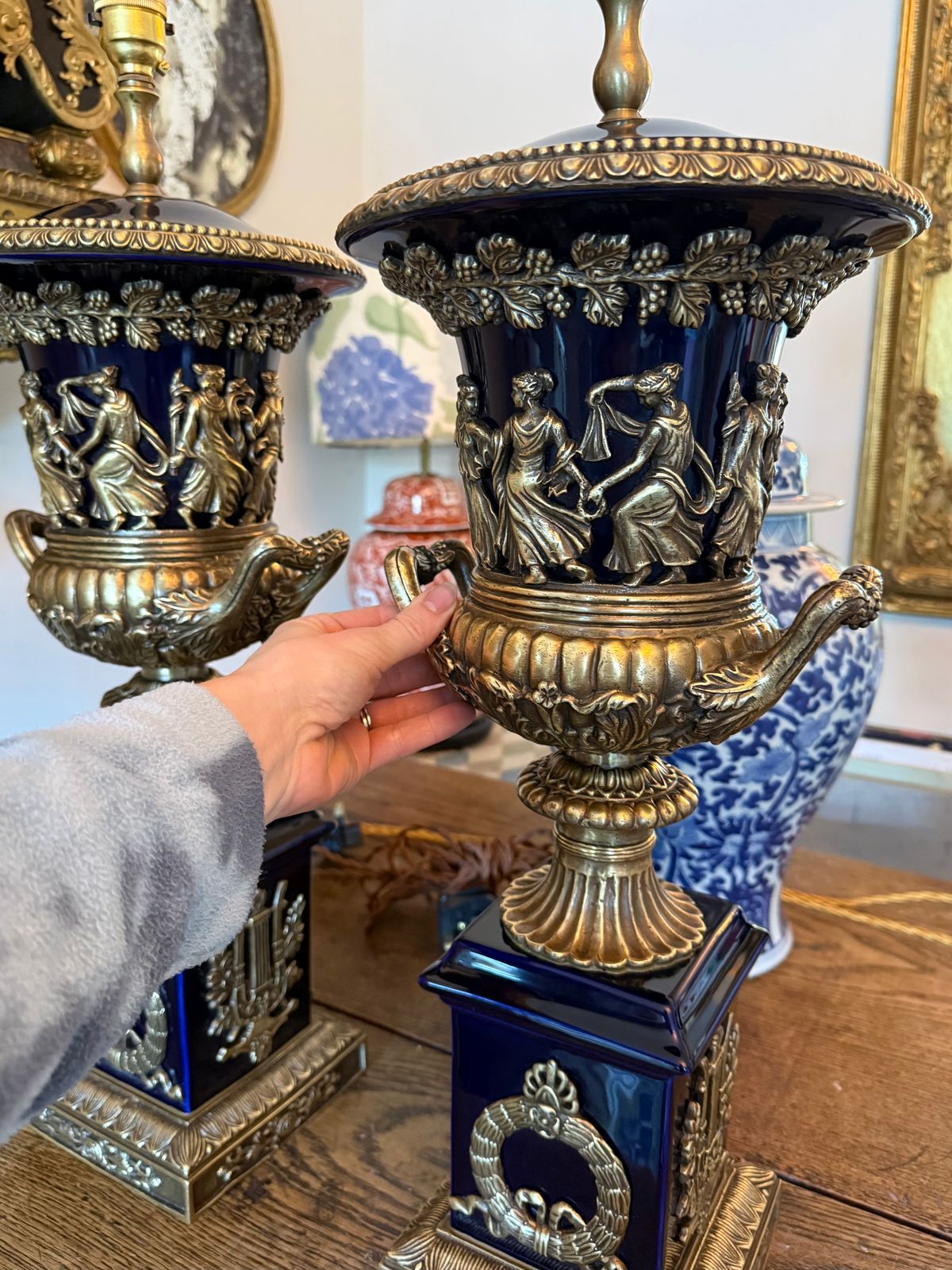 photo buy Pair Of Large Urn Lamps Brass And Blue Ceramic Lamps Regency Lamps