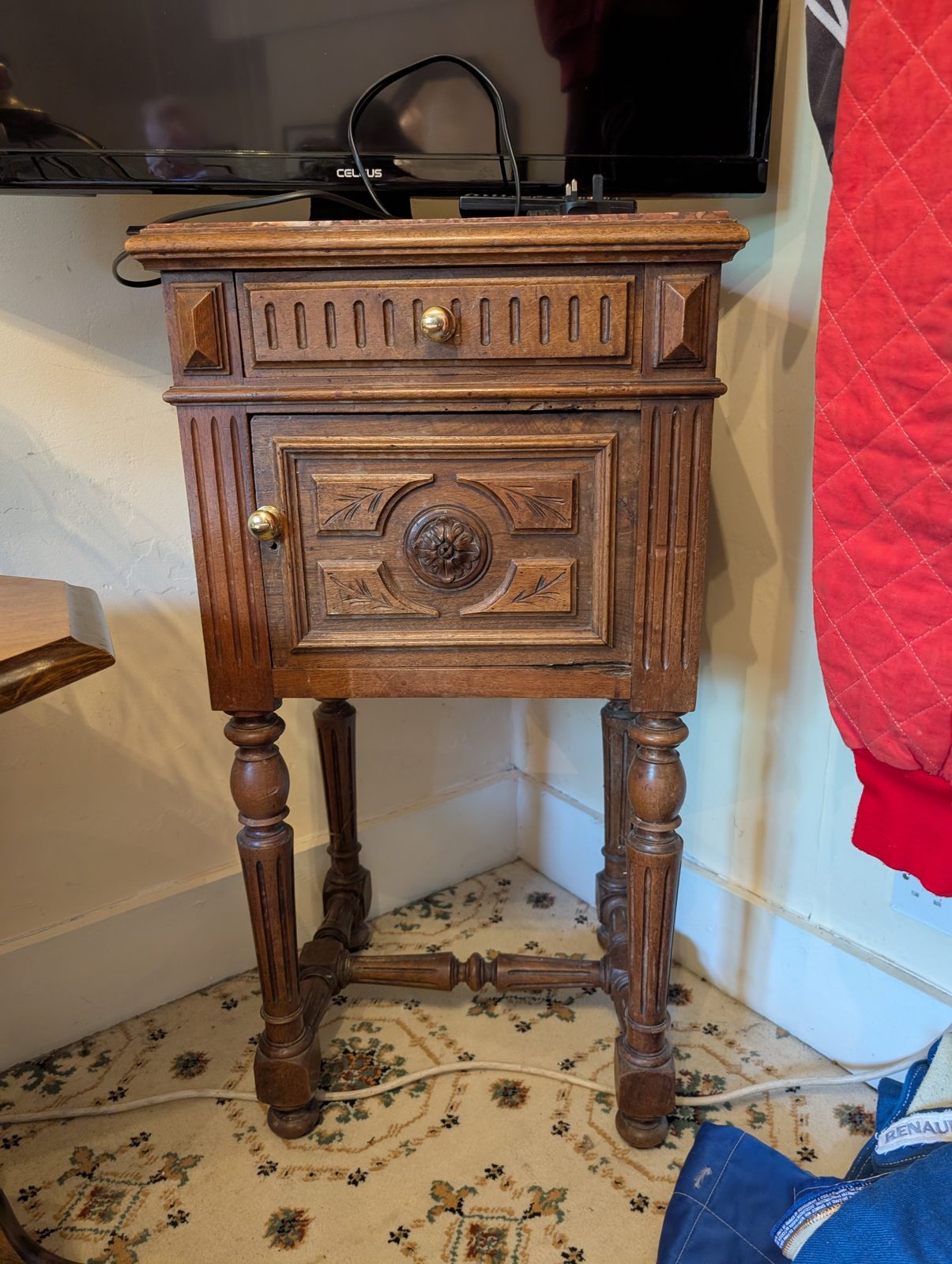 Wood And Marble Pot Stand/ Side Table  Possibly French