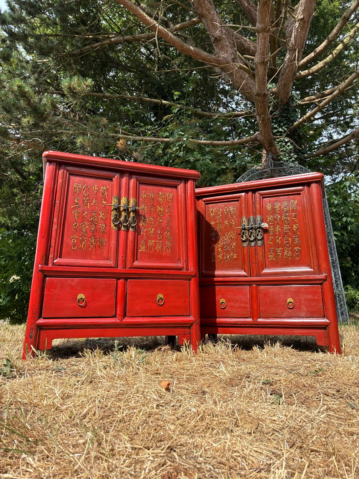 Antique Red Lacquered Chinese Bedside Tables Side Tables Cabinet