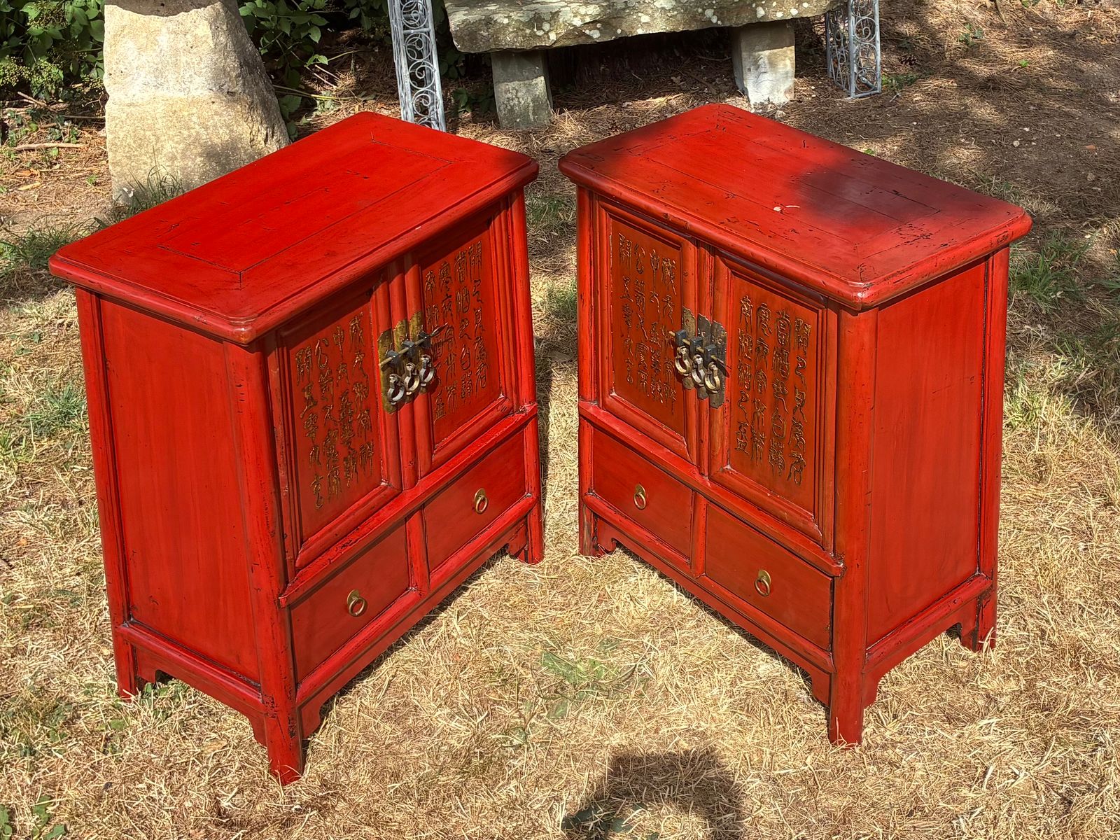 Antique Red Lacquered Chinese Bedside Tables Side Tables Cabinet photo Furniture