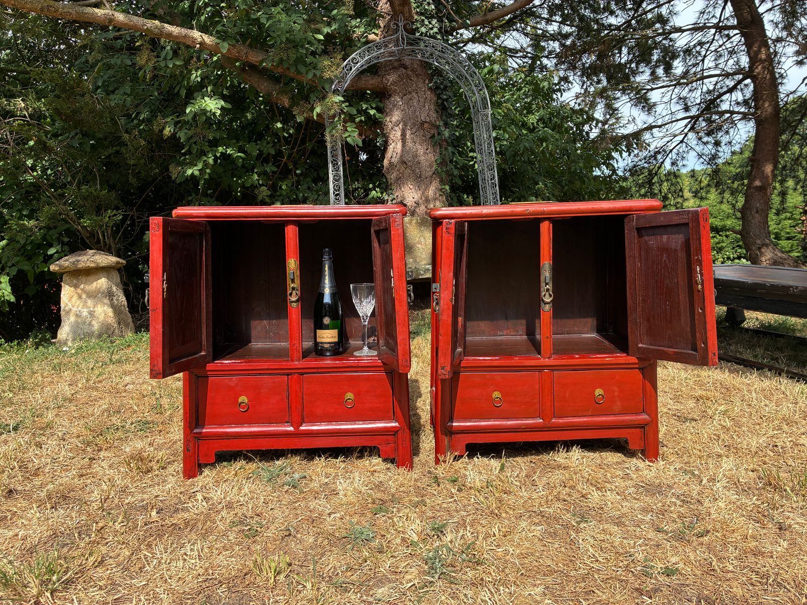 Antique Red Lacquered Chinese Bedside Tables Side Tables Cabinet photo vintage