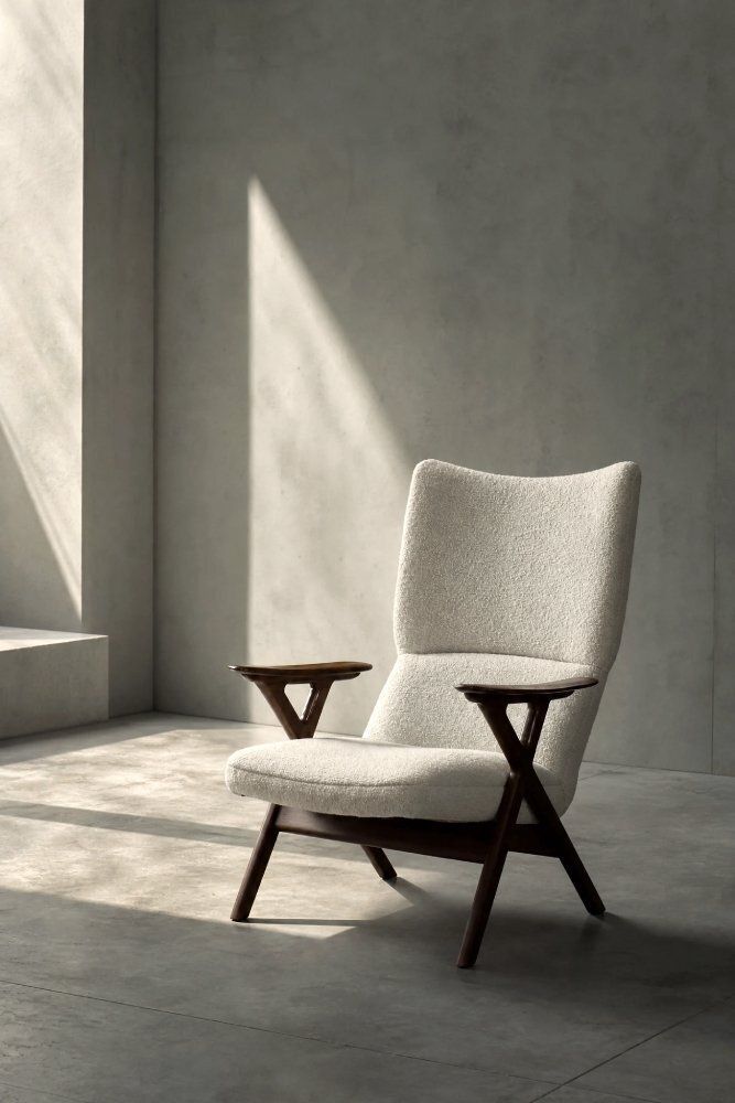 Mid Century Norwegian Modern Teak And White Bouclé Lounge Chair, 1960s