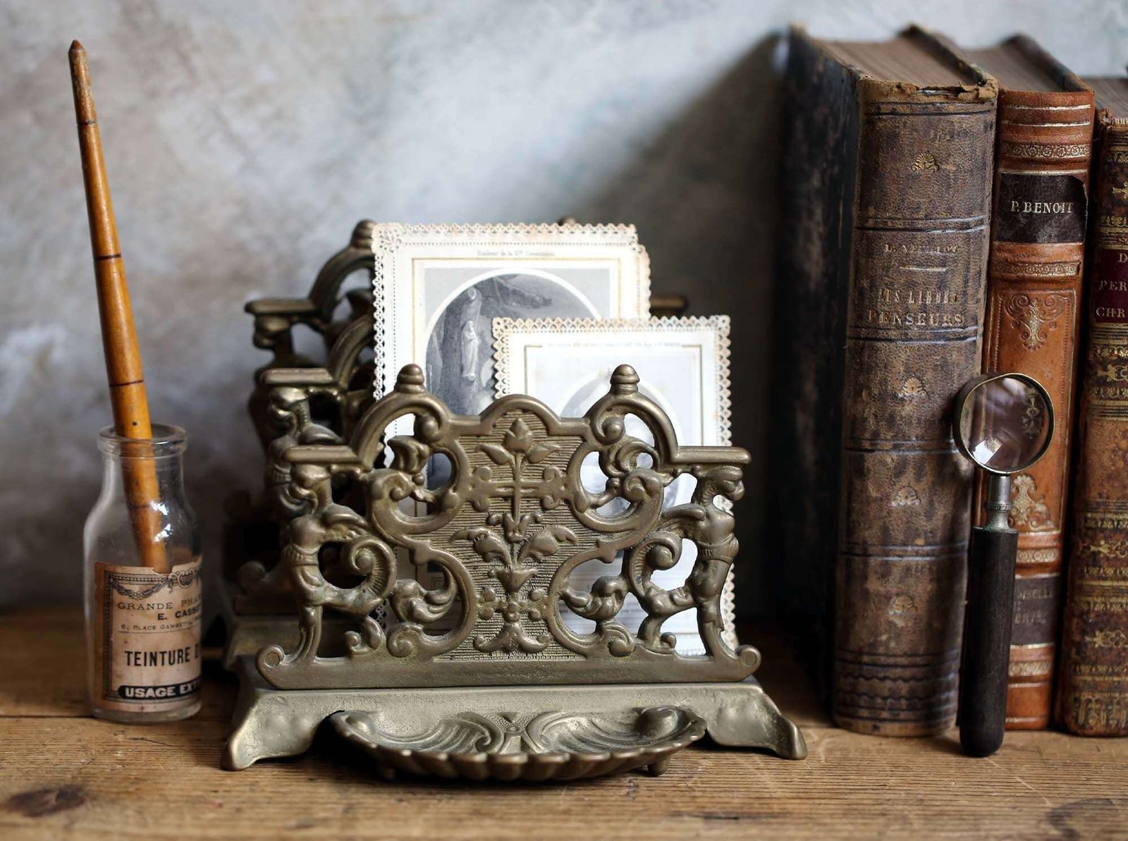 Antique Bronze Letter Rack Rococo French Paper Holder Desk Ornament