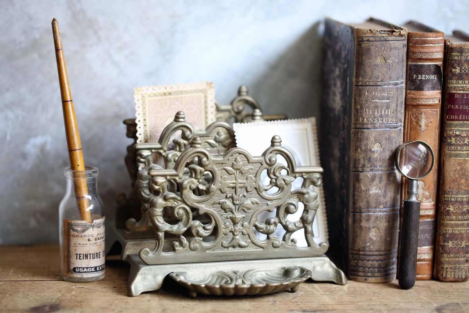 Antique Bronze Letter Rack Rococo French Paper Holder Desk Ornament photo Home Decor