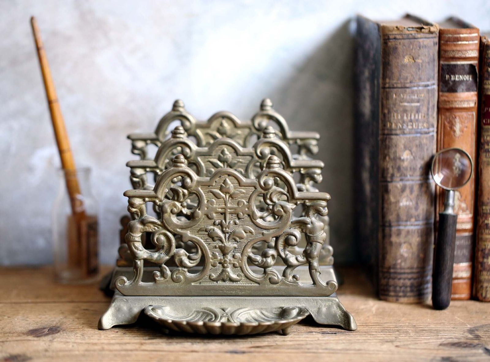 Antique Bronze Letter Rack Rococo French Paper Holder Desk Ornament photo buy
