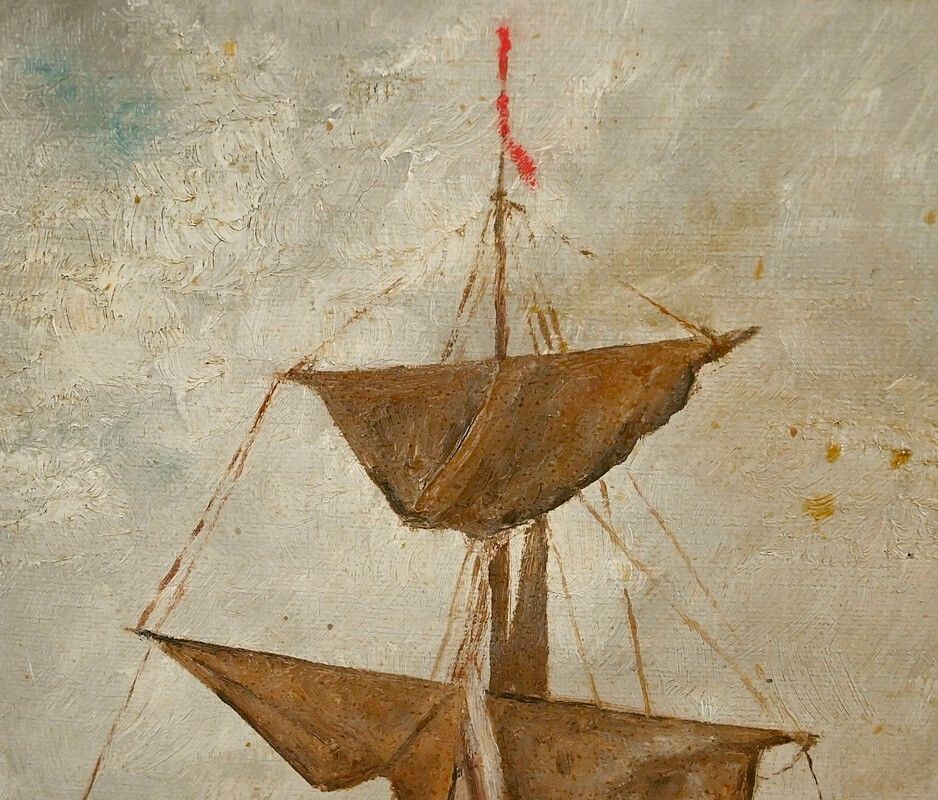 Painting "Sailboat On A Calm Sea", Oil On Canvas – Late 19th Century photo vintage