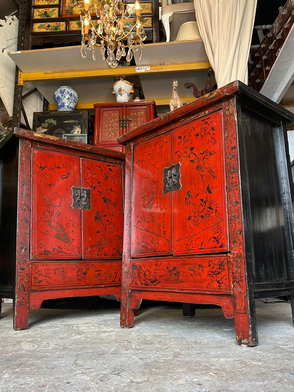 Pair Of Antique Chinese Red Lacquered Drinks Cabinets Oversized Side Tables