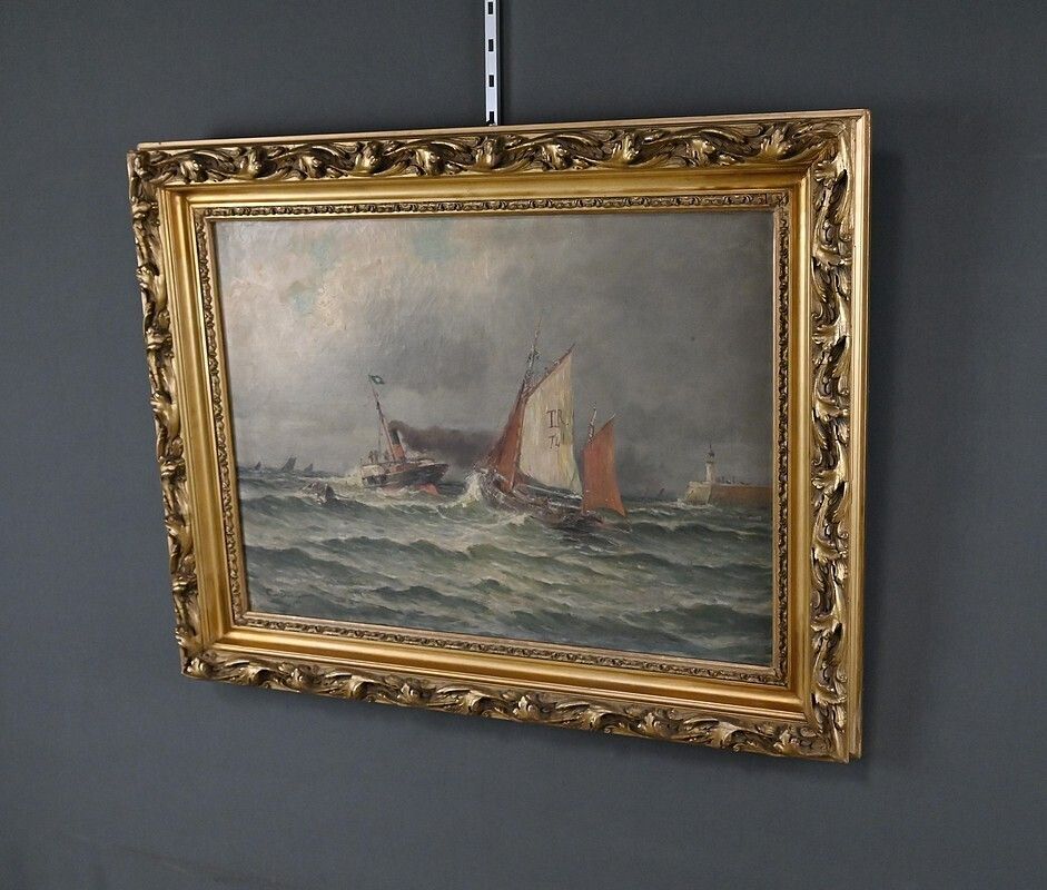 Painting "Entrance To The Port By Rough Seas", Oil On Canvas, Signed C. Demont – Early 20th Century photo Art