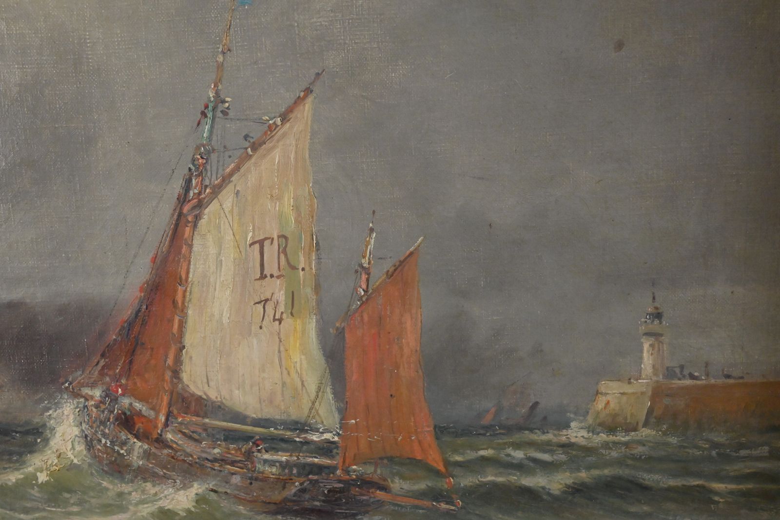 Painting "Entrance To The Port By Rough Seas", Oil On Canvas, Signed C. Demont – Early 20th Century photo vintage