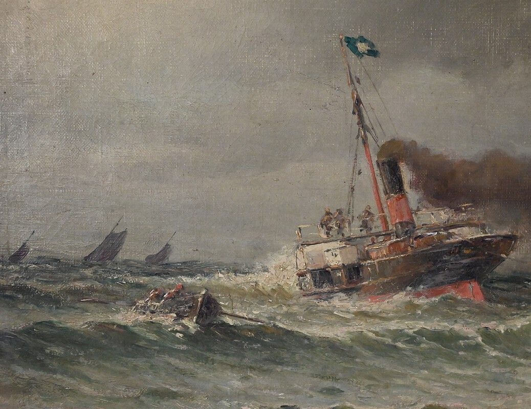 Art Painting "Entrance To The Port By Rough Seas", Oil On Canvas, Signed C. Demont – Early 20th Century photo