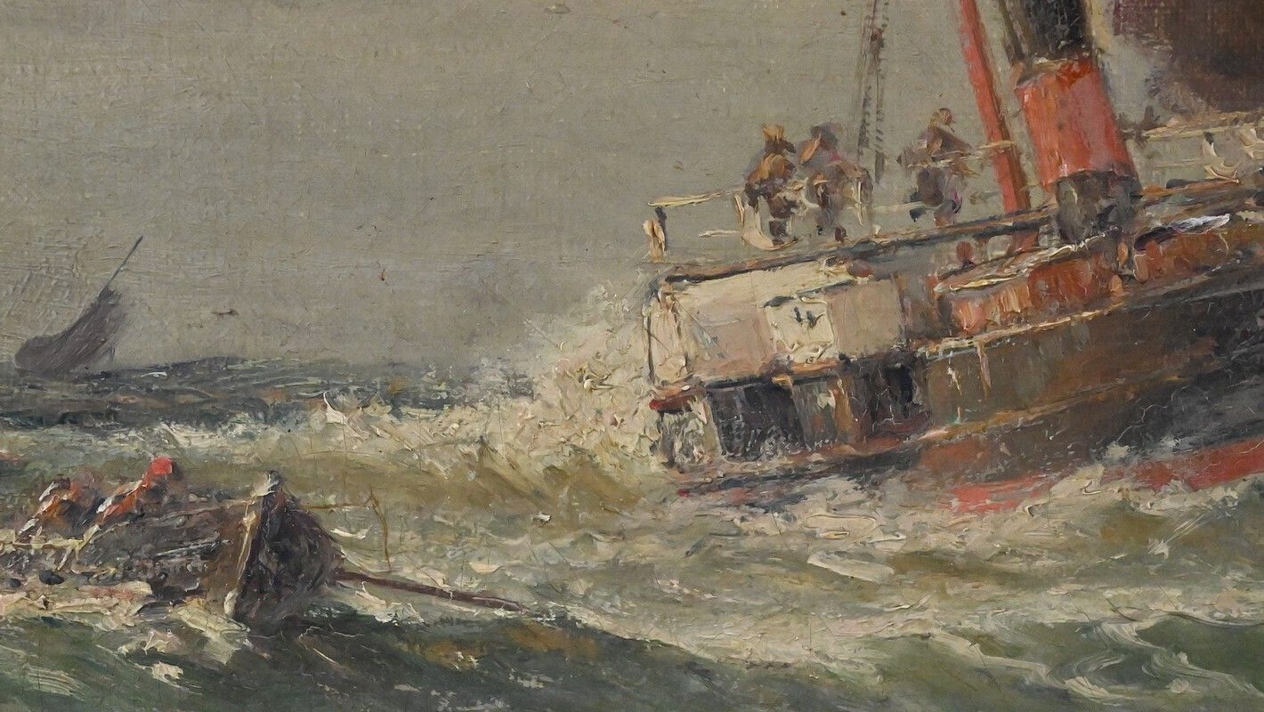 photo vinterior Painting "Entrance To The Port By Rough Seas", Oil On Canvas, Signed C. Demont – Early 20th Century