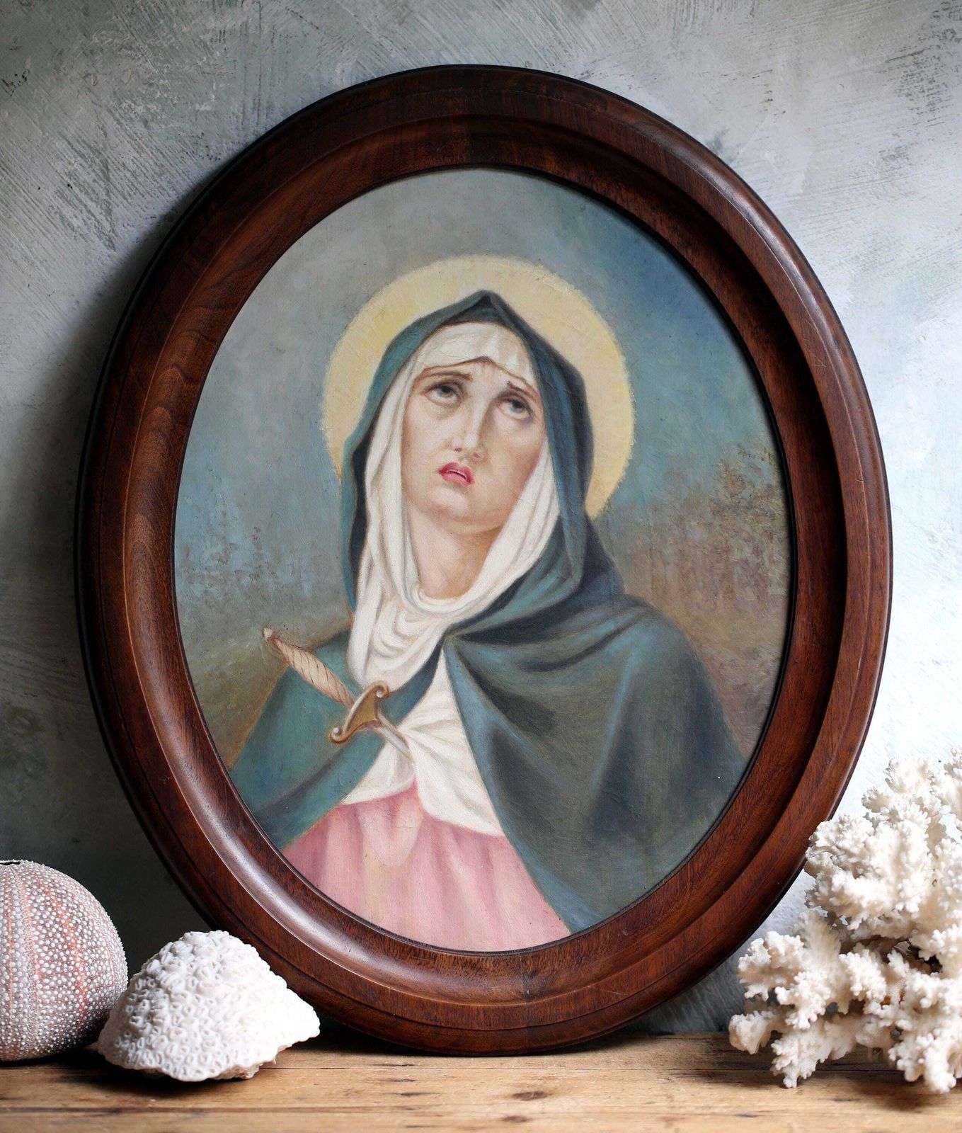 Antique Our Lady Of Sorrows Oil Painting On Canvas Oval Madonna Portrait Virgin Mary photo vinterior