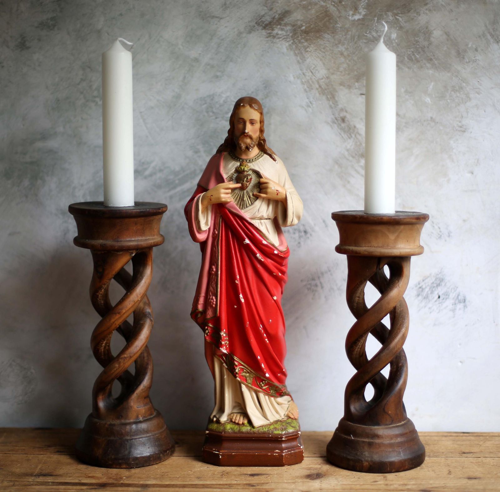 Pair Of Antique Open Barley Twist Candlesticks Carved Wood Spiral Candle Holders photo furniture