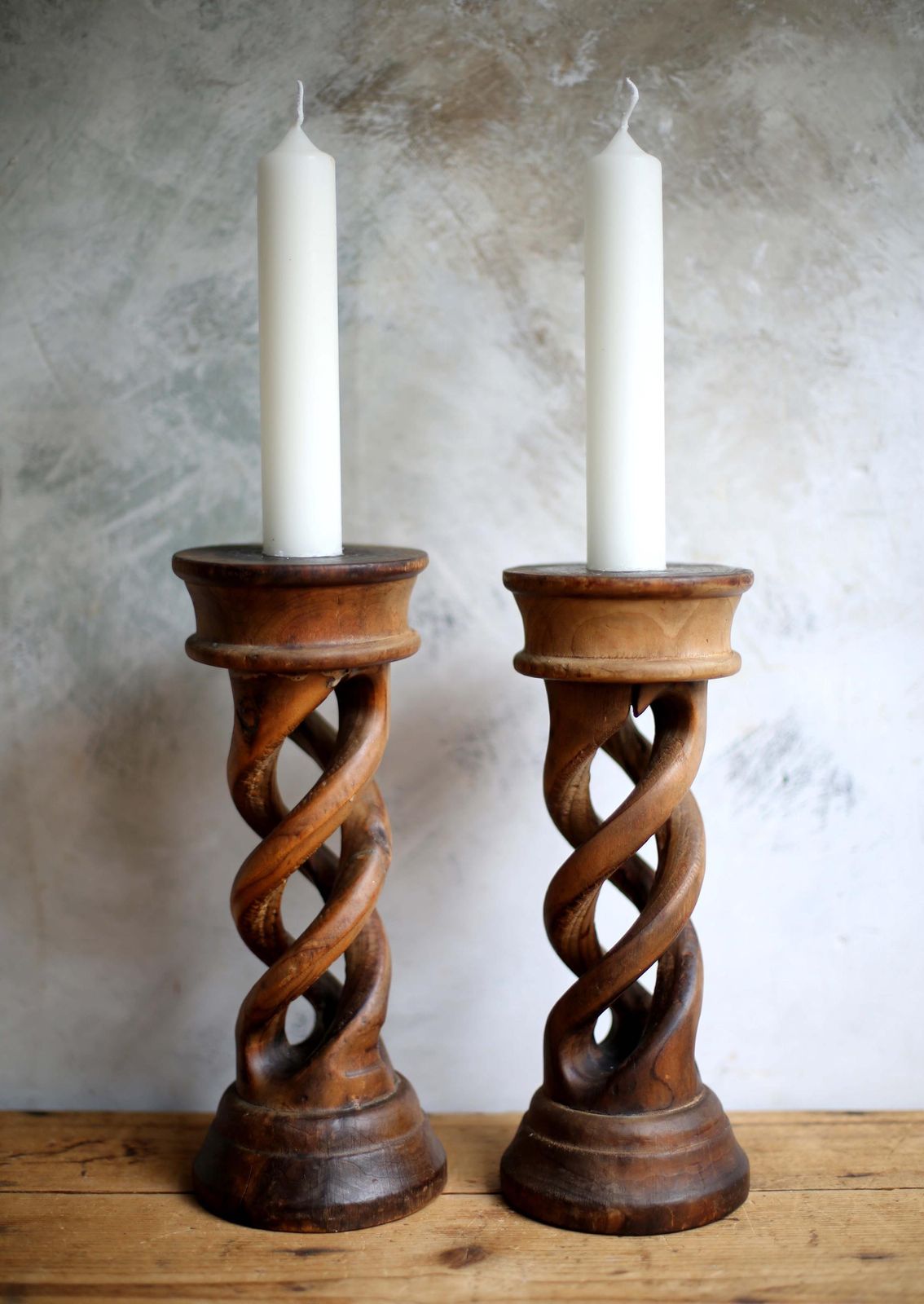 Pair Of Antique Open Barley Twist Candlesticks Carved Wood Spiral Candle Holders photo buy