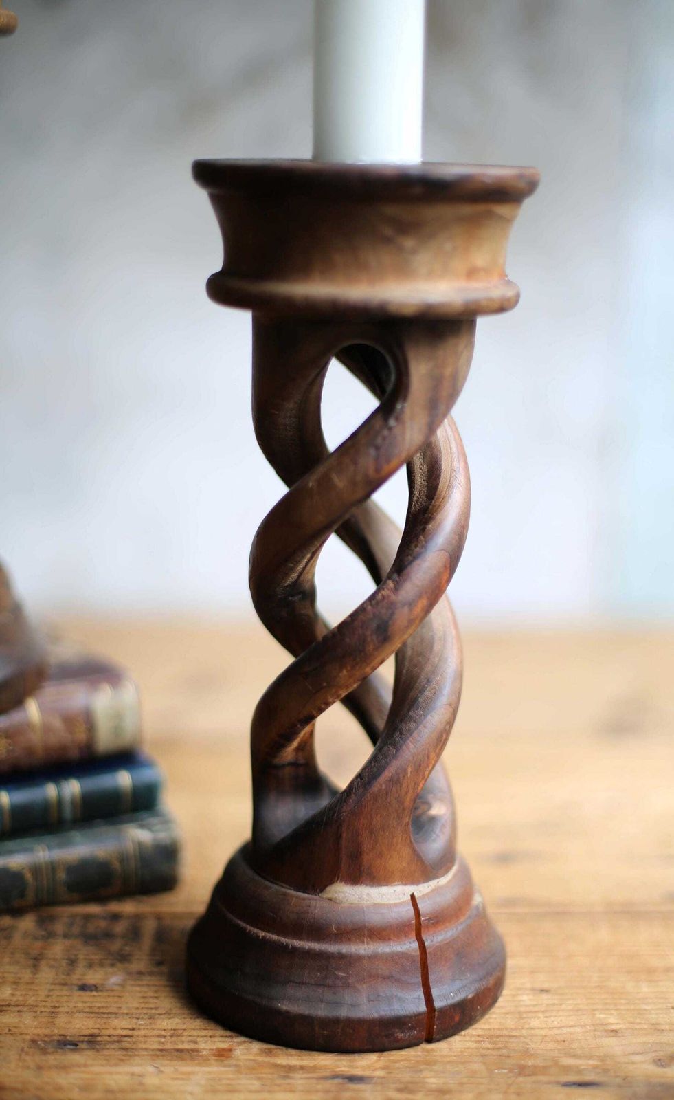 114.0 Pair Of Antique Open Barley Twist Candlesticks Carved Wood Spiral Candle Holders photo