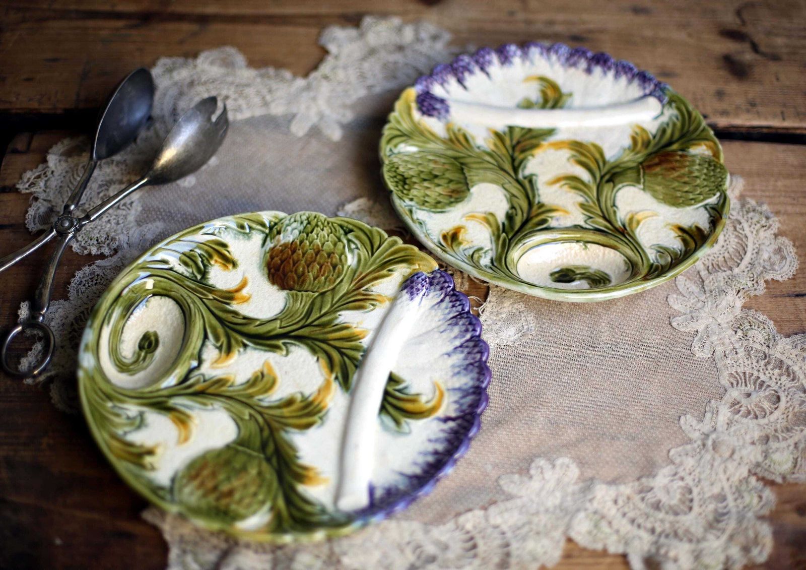 2 Antique Artichoke Plates Set Of Majolica French Asparagus Barbotine Serving Dishes Orchies