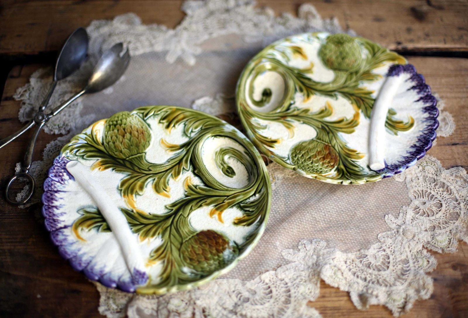 2 Antique Artichoke Plates Set Of Majolica French Asparagus Barbotine Serving Dishes Orchies photo buy