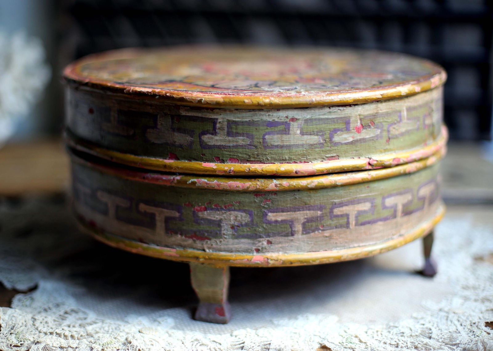 Antique German Bride Box 18th Century Round Hand Painted Bentwood Folk Art Wedding Chest photo buy