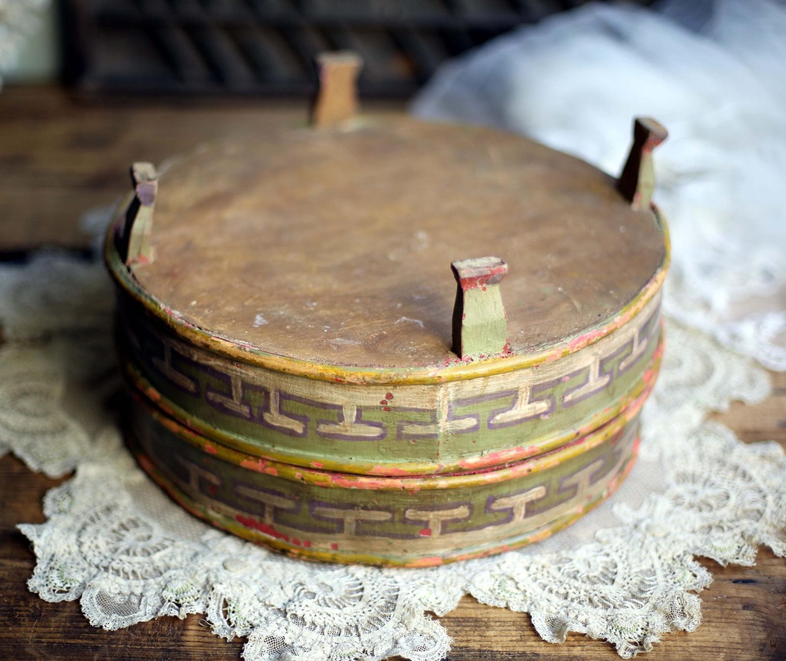 photo for sale Antique German Bride Box 18th Century Round Hand Painted Bentwood Folk Art Wedding Chest