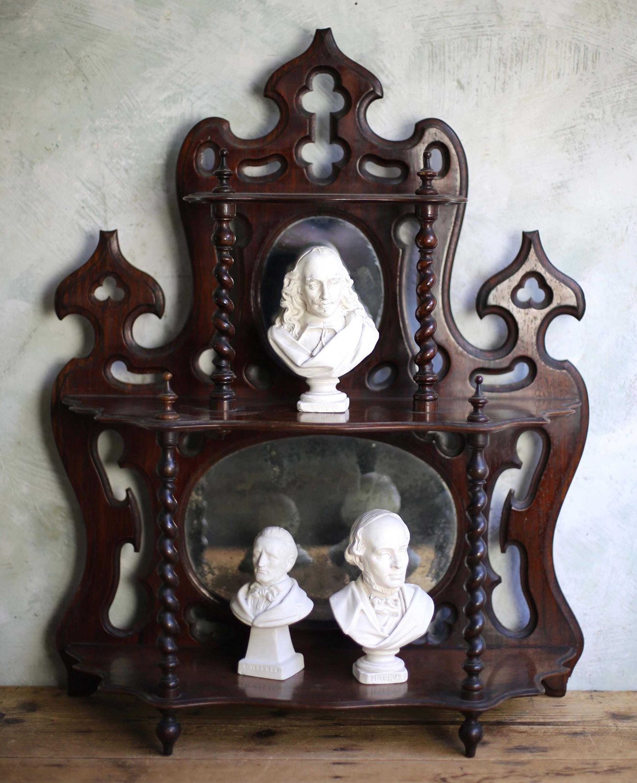 612.0 Antique Barely Twist Shelves French Art Nouveau Carved Wooden Shelf Mercury Glass Mirror photo