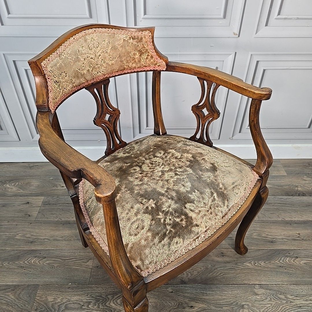 Antique Inlaid Armchair Edwardian Bedroom Chair Upholstered Wooden Elbow Seat photo for sale