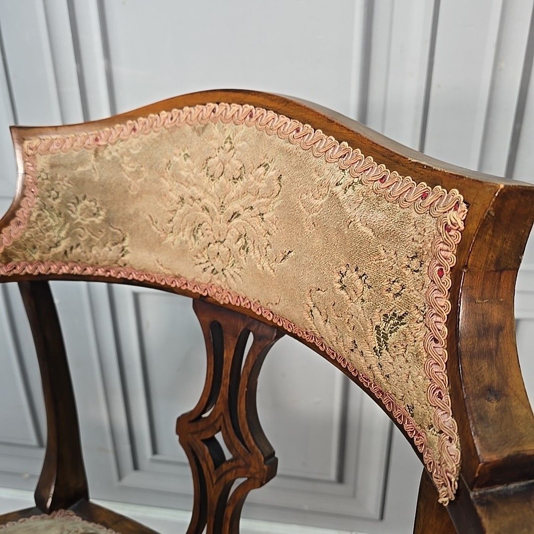 photo for sale Antique Inlaid Armchair Edwardian Bedroom Chair Upholstered Wooden Elbow Seat