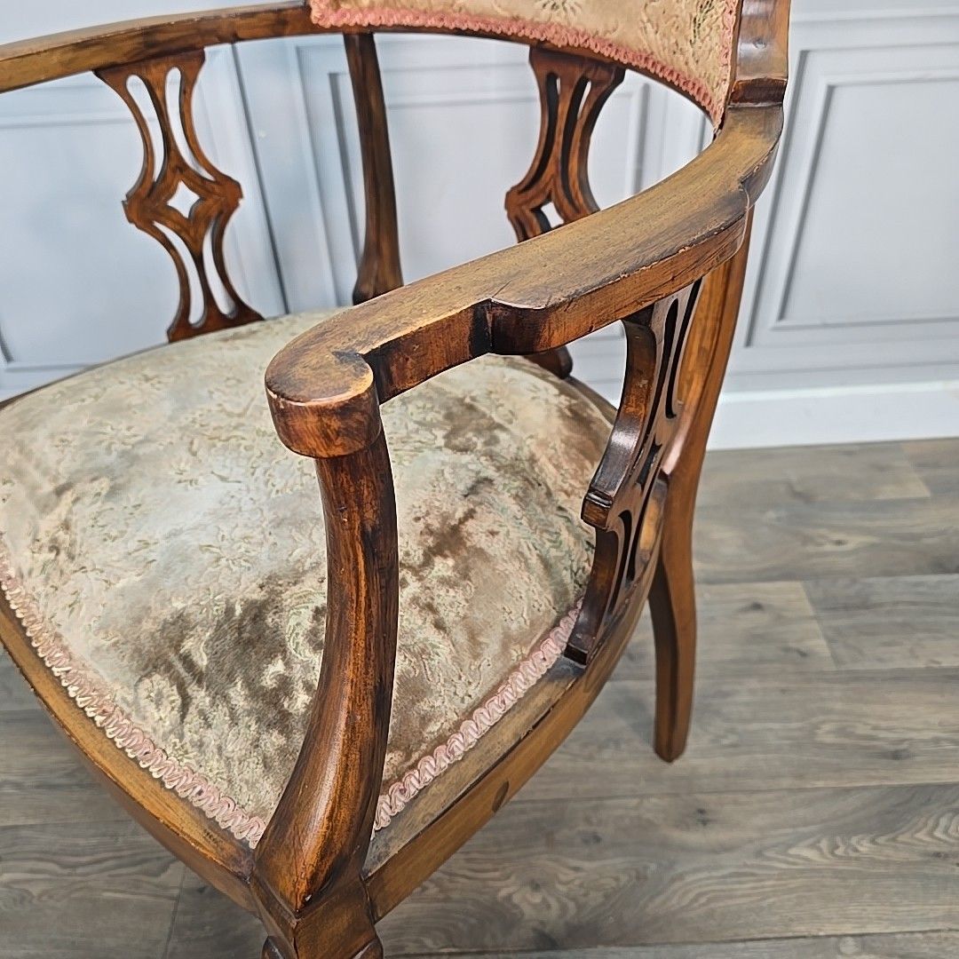 Furniture Antique Inlaid Armchair Edwardian Bedroom Chair Upholstered Wooden Elbow Seat photo