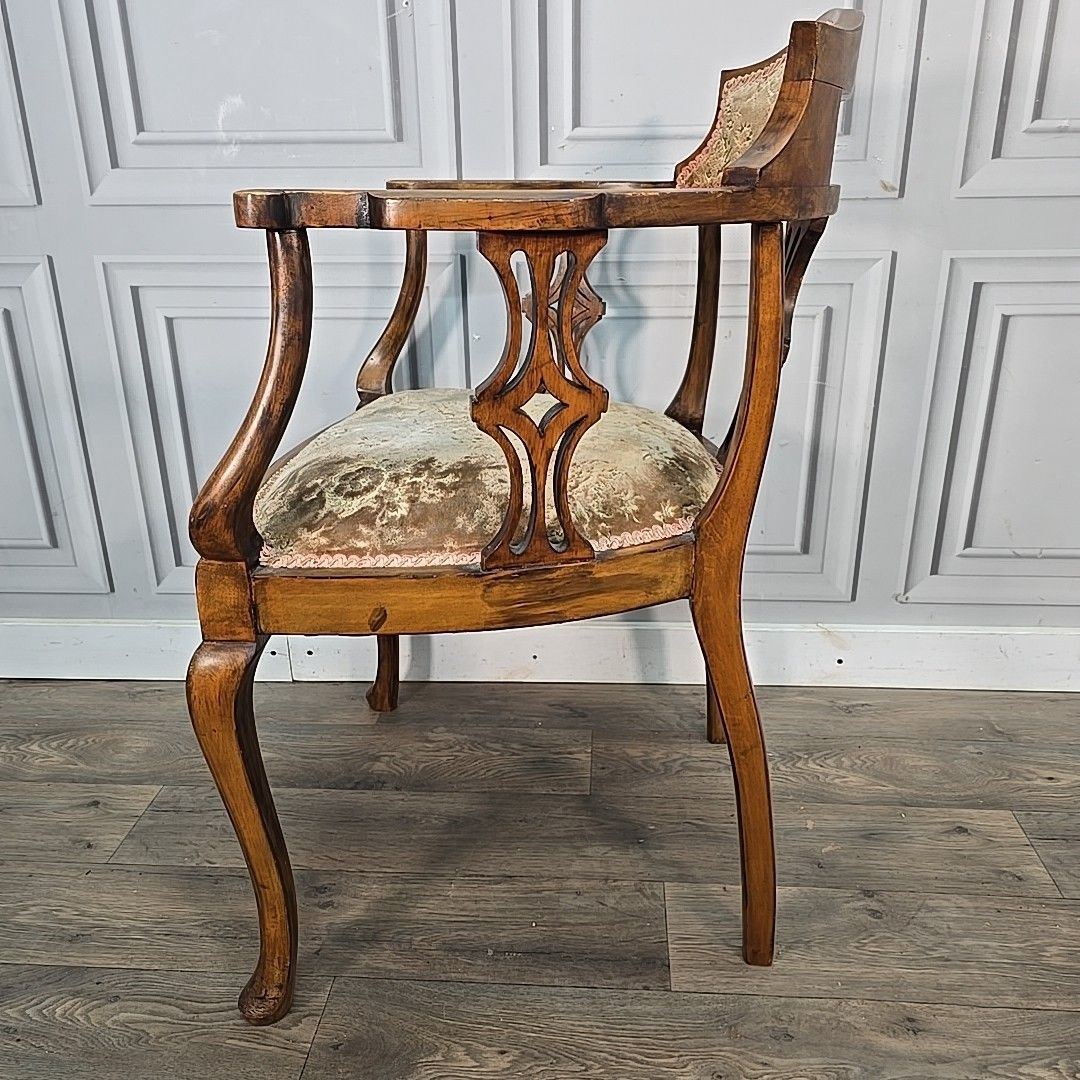 photo vinterior Antique Inlaid Armchair Edwardian Bedroom Chair Upholstered Wooden Elbow Seat