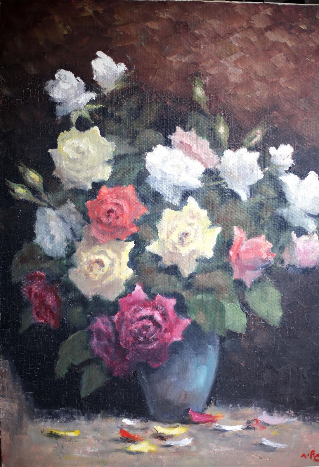 Original Adrien Ravallec Still Life Oil Painting Roses On Canvas Antique Floral Art photo for sale