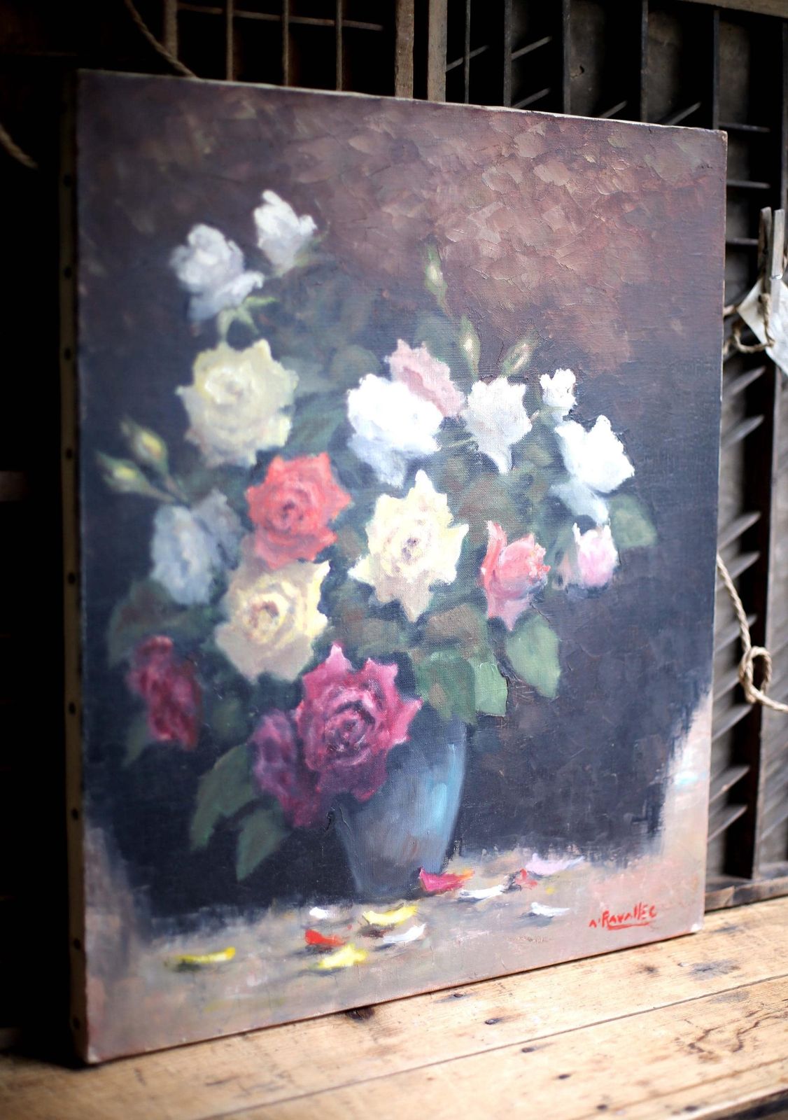 Original Adrien Ravallec Still Life Oil Painting Roses On Canvas Antique Floral Art photo buy