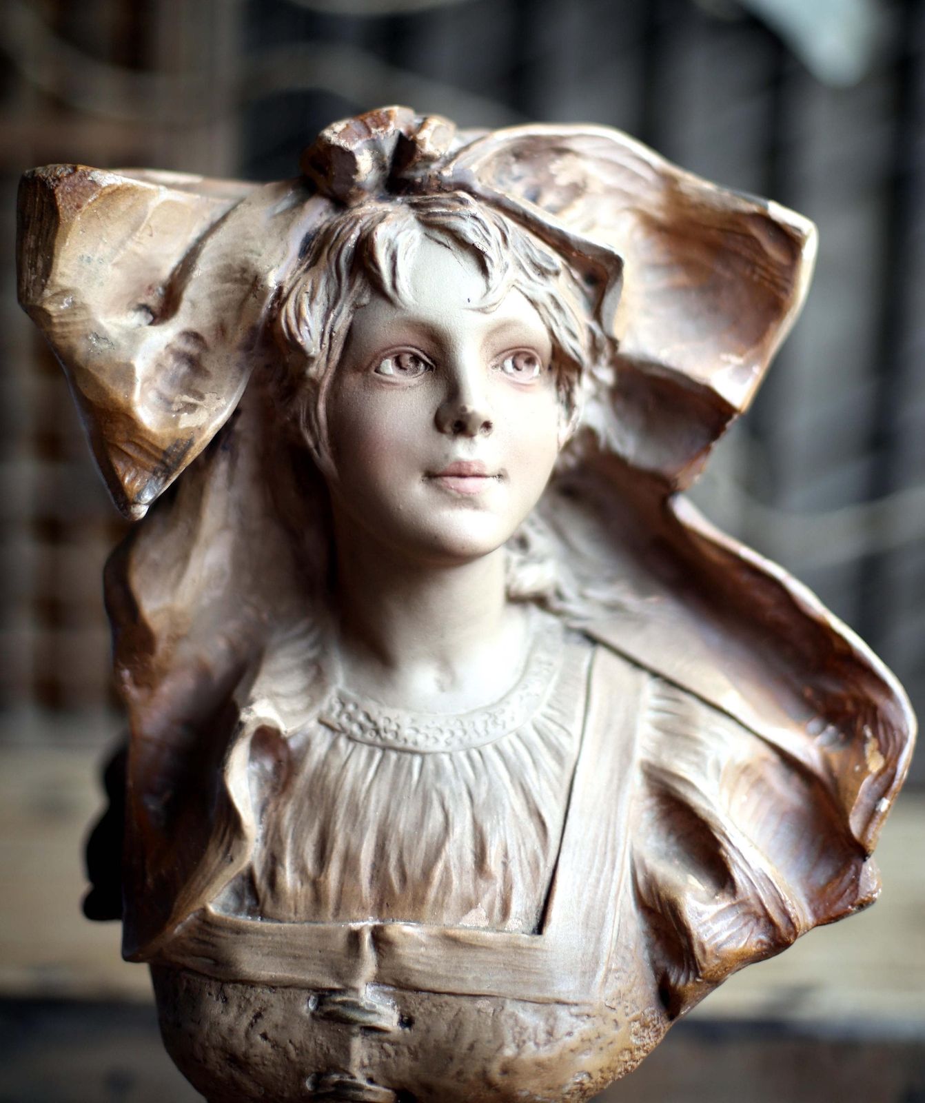 Art Nouveau Statue Of A Lady Antique Bust Chalkware Young Woman C.1900 photo for sale