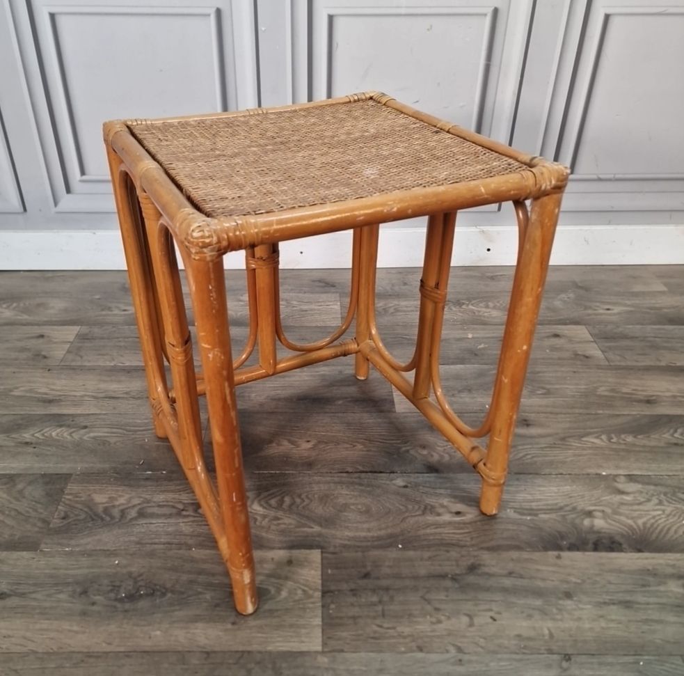 Vintage Rattan Side Table Cane Top Wicker Lamp Occasional Boho Bamboo Style