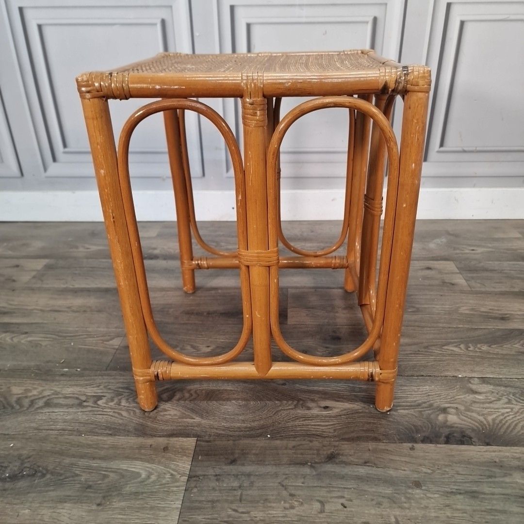 photo vinterior Vintage Rattan Side Table Cane Top Wicker Lamp Occasional Boho Bamboo Style