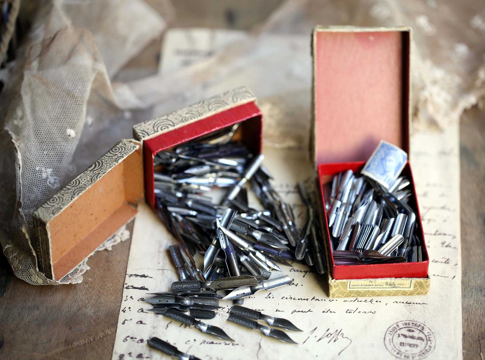 2 Boxes Of Antique French Ink Pen Nibs Advertising Box Blanzy Poure & Cie photo for sale