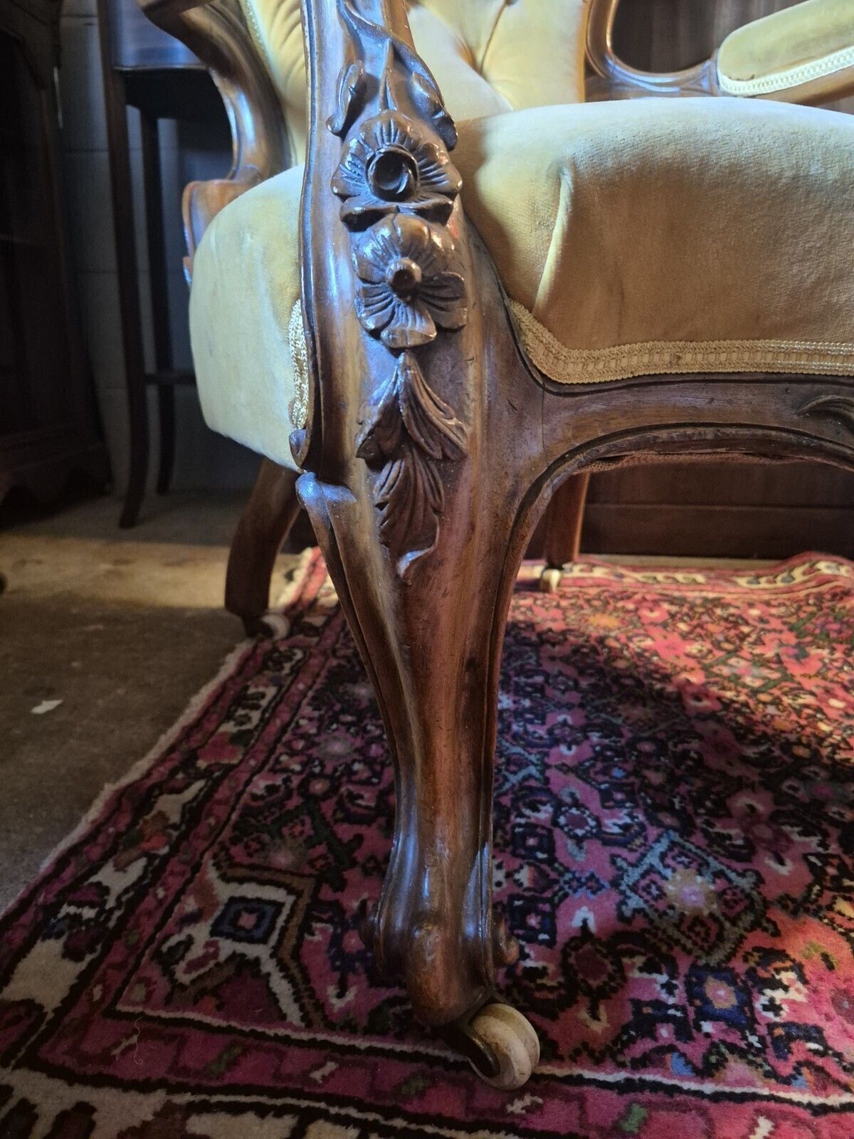 A Fab Pair Of Floral Carved Victorian Walnut Mustard Velvet Arm & Nursing Chairs photo vinterior